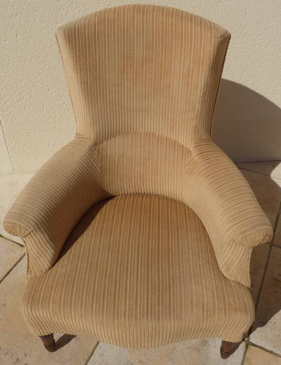 Old bergère upholstered in beige velvet – Firm back and seat