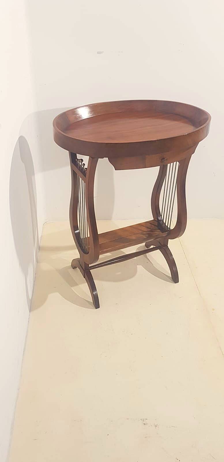 Vintage French Side Table with Lyre-Shaped Legs and Oval Tray Top