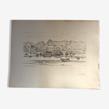 André Duculty (1912-1990) Charcoal on paper "Port de la Forêt Fouesnant" Signed lower right