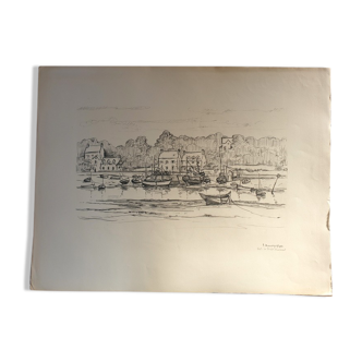 André Duculty (1912-1990) Charcoal on paper "Port de la Forêt Fouesnant" Signed lower right