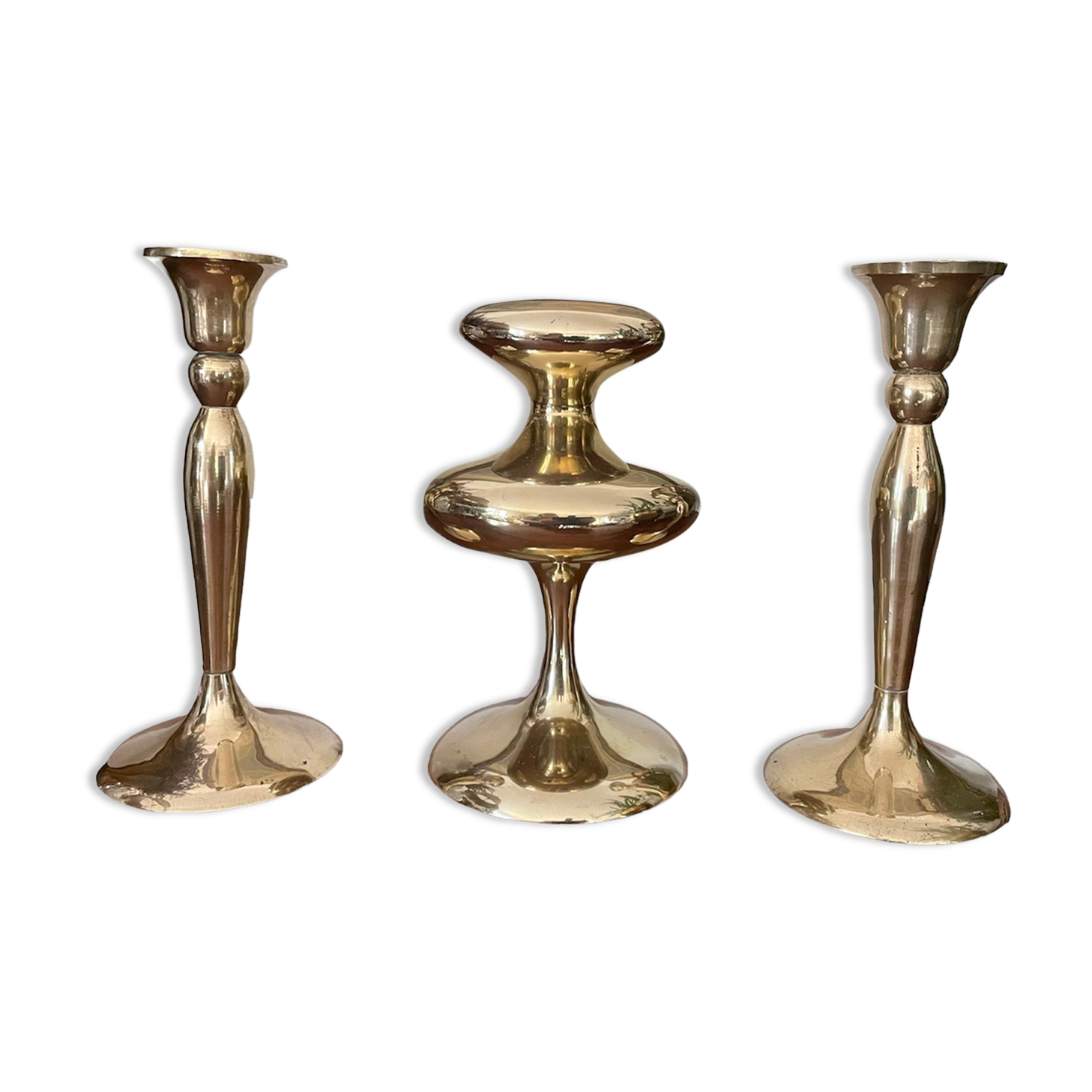 Three vintage brass candle holders