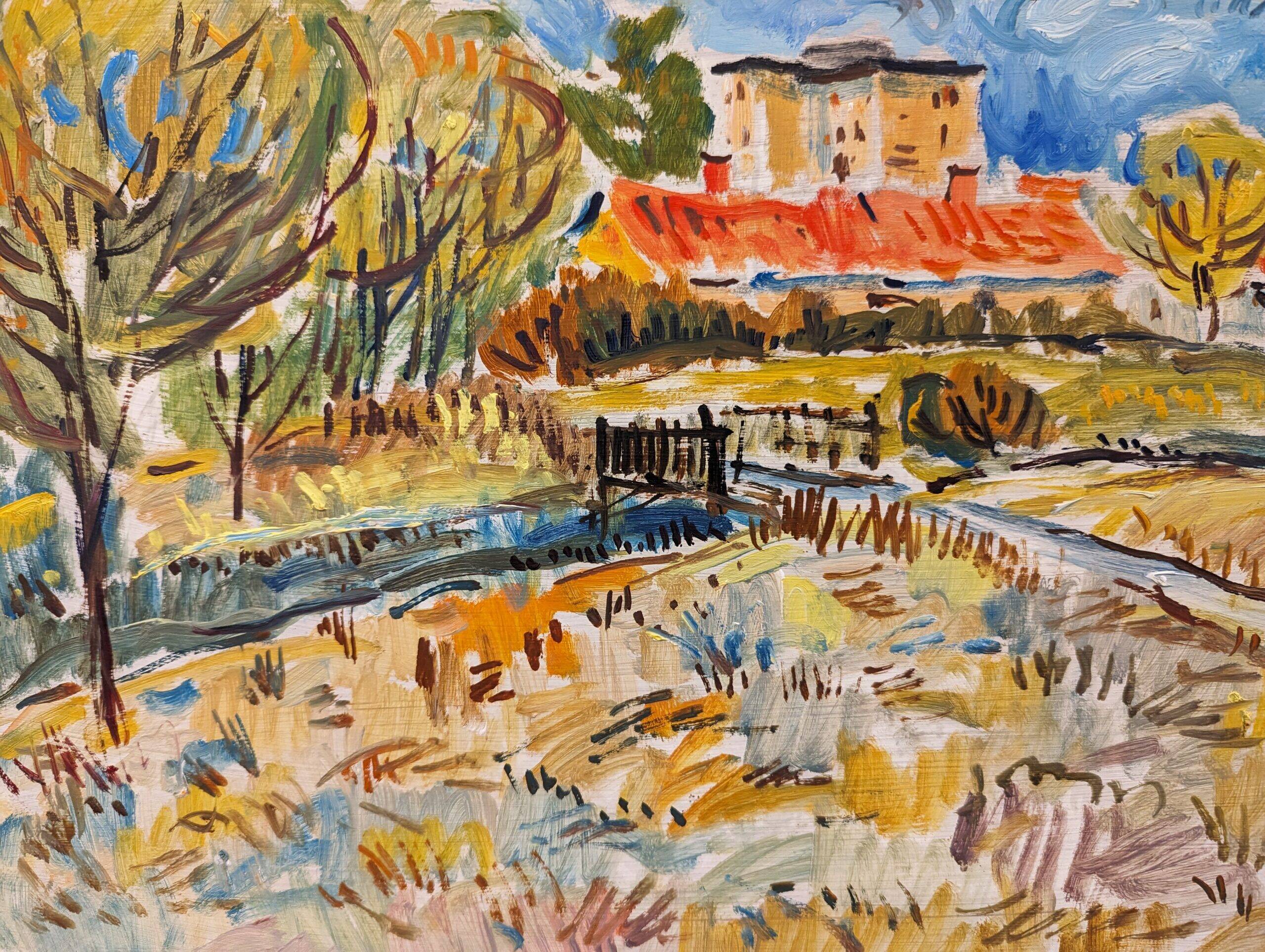 Mid-Century Modern Swedish "Fauvist Field" Vintage Landscape Oil Painting, Framed