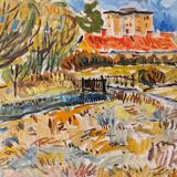 Mid-Century Modern Swedish "Fauvist Field" Vintage Landscape Oil Painting, Framed