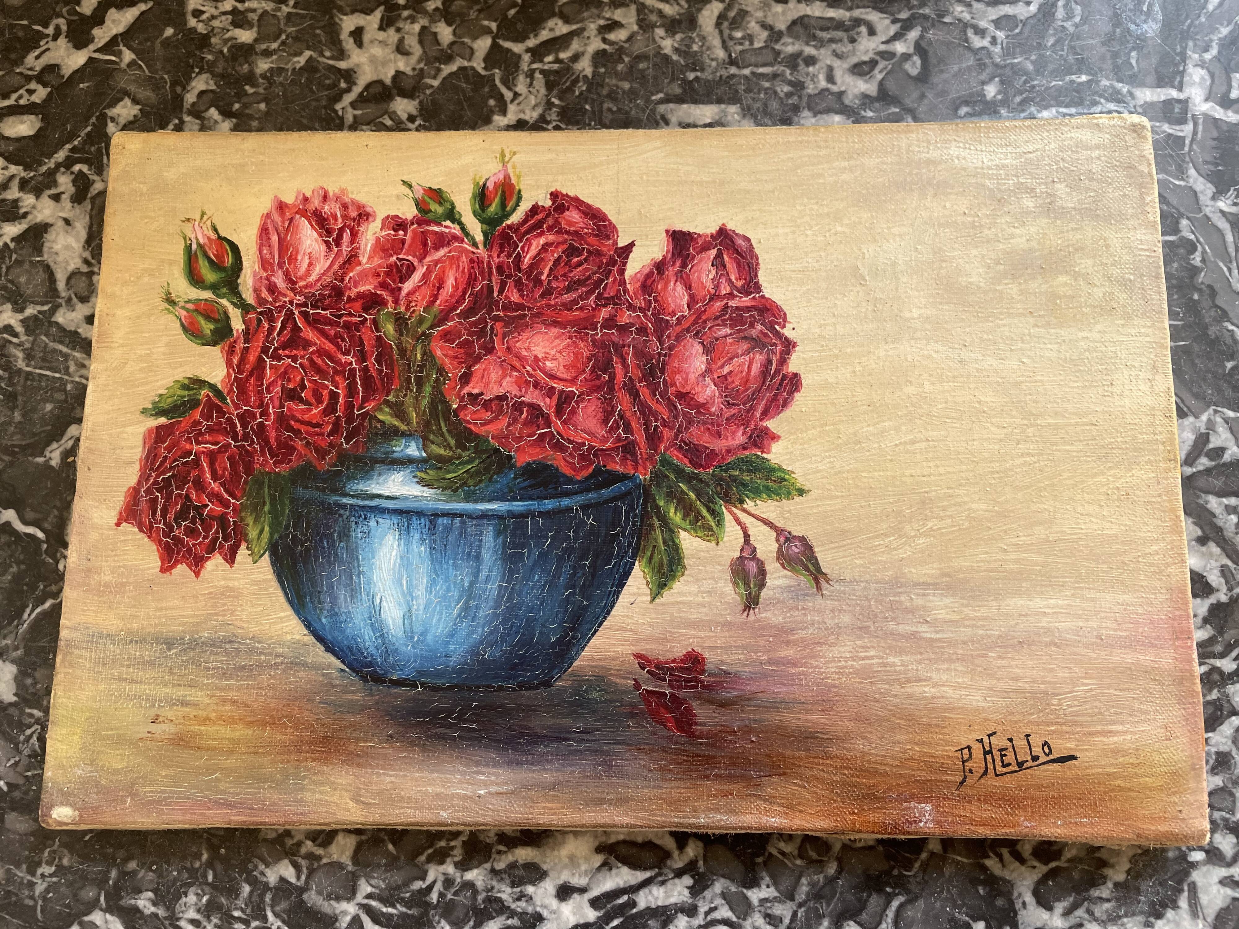Oil on canvas bouquet of roses signed P. HELLO