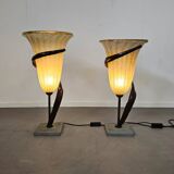 Large Jugendstil floor / table lamps, Roberto Galli, stone base with Italian glass shade