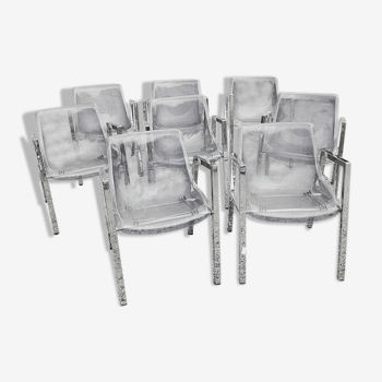 Set of 8 70s chrome chairs and smoked plexi