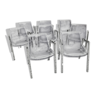 Set of 8 70s chrome chairs and smoked plexi