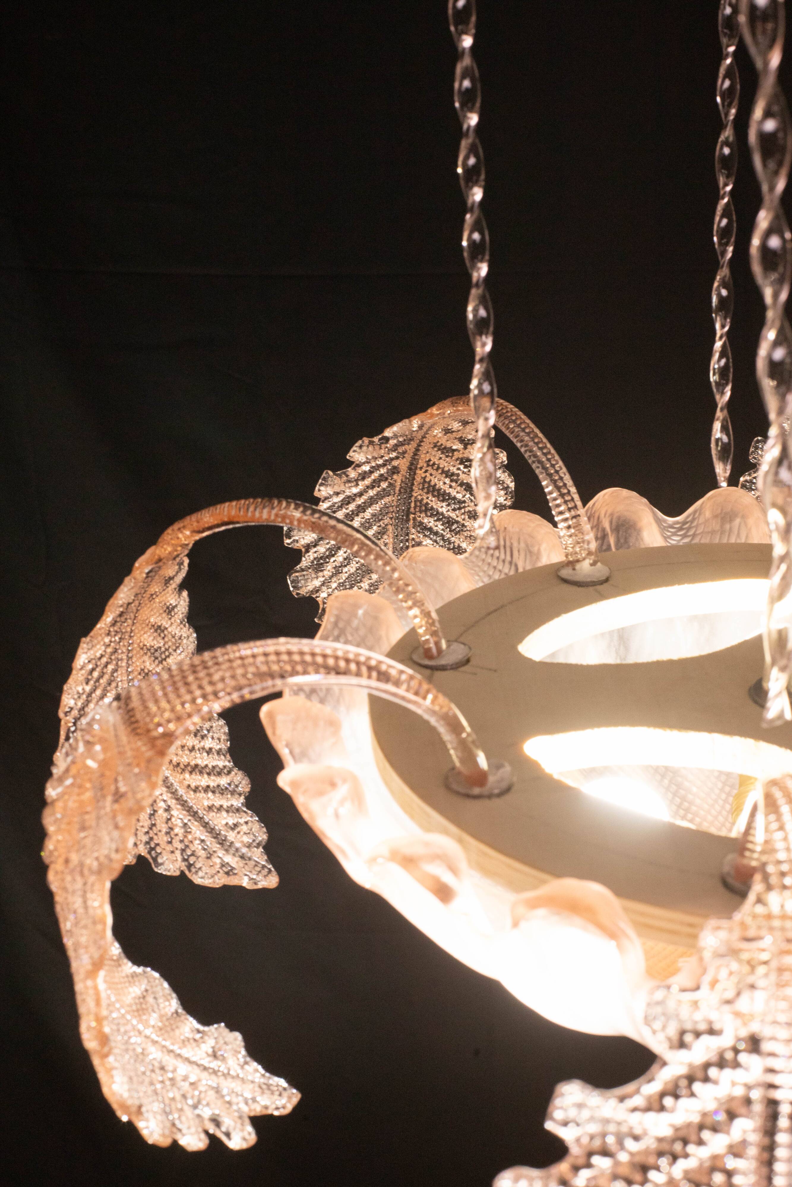 Pink Art Decò Barovier e Toso "Fountain" Pendant Light, Murano Glass, 1940s