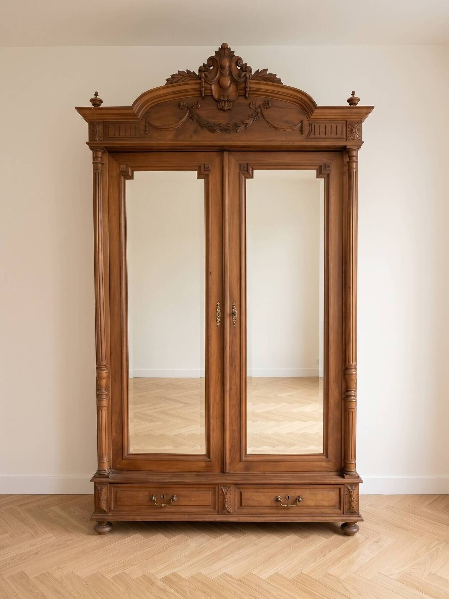 Antique solid wood wardrobe with mirror doors.
