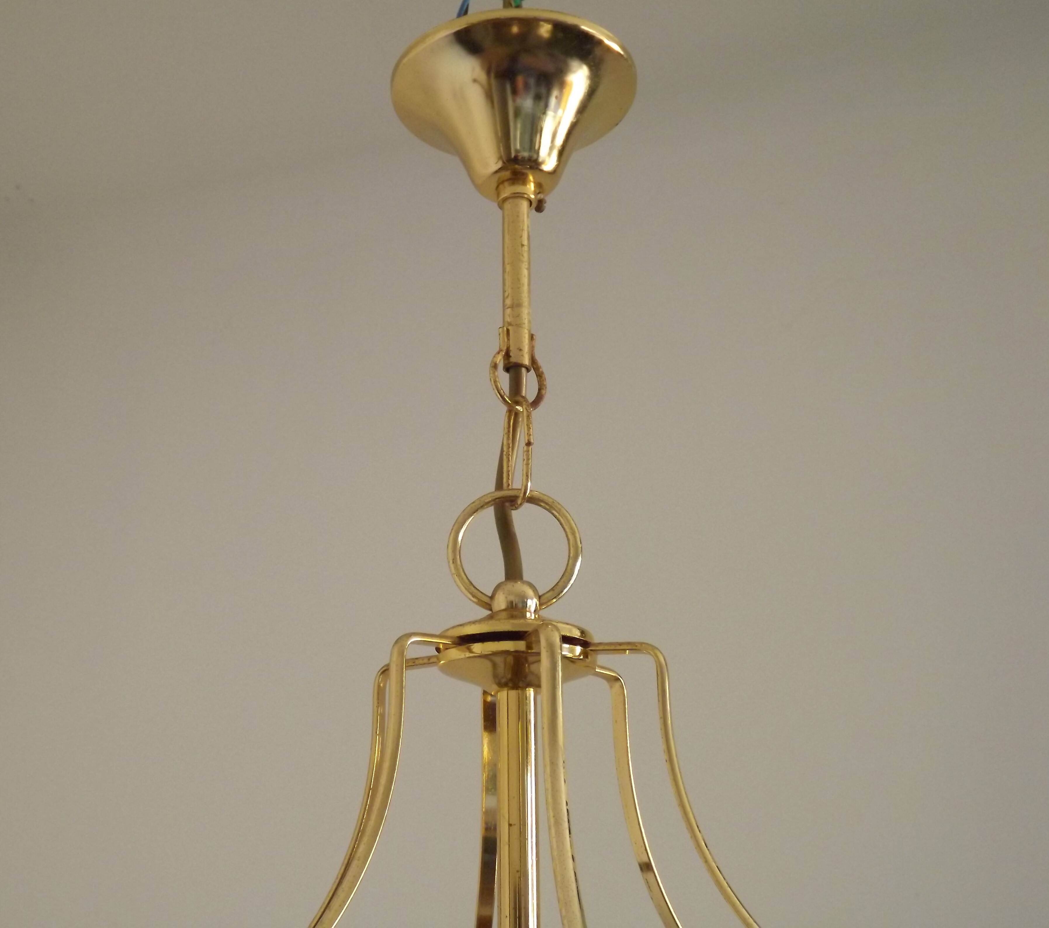 French Vintage 2 Light Hexagonal Gold Metal & Beveled Glass Hanging Light