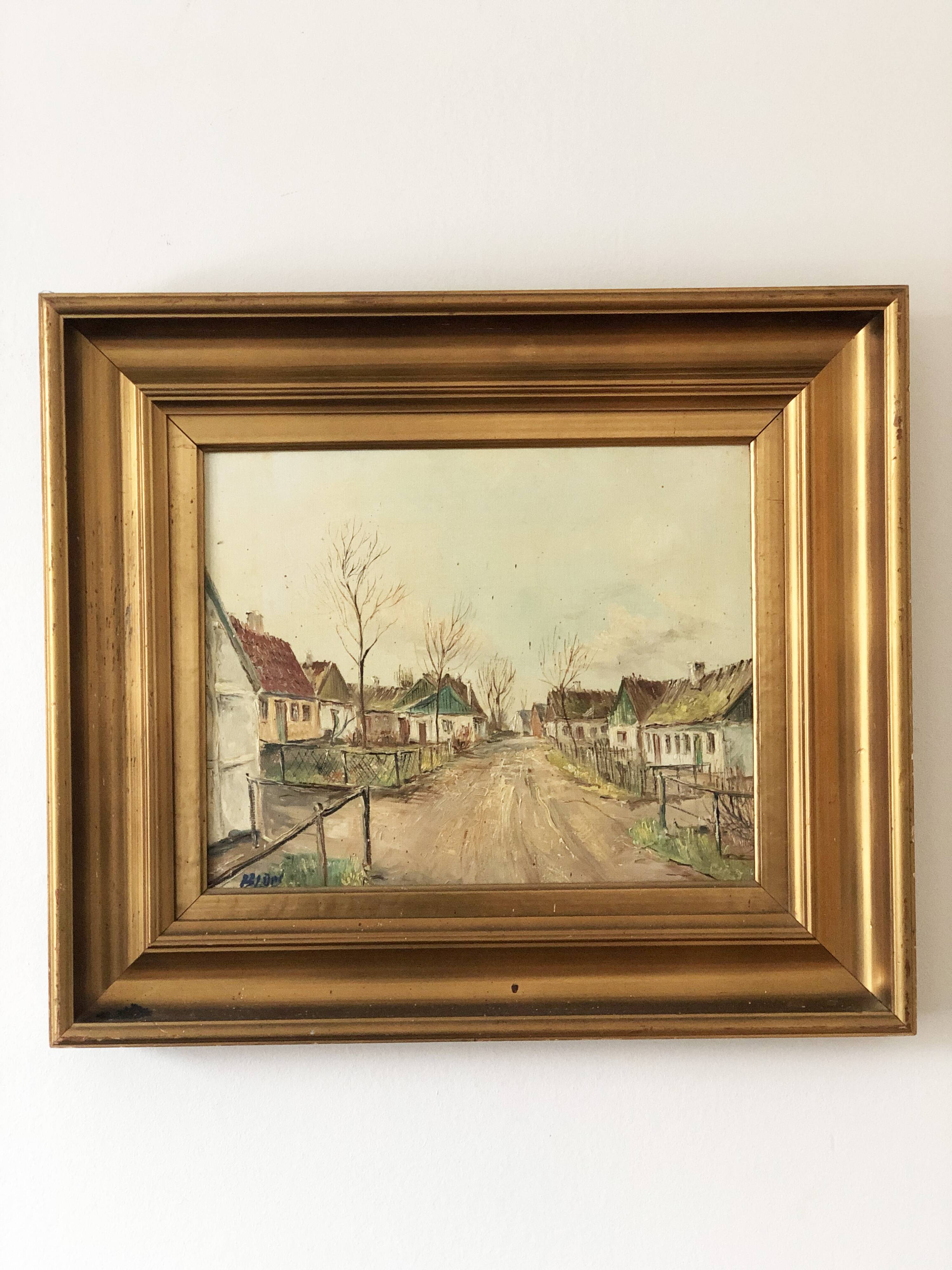 Vintage European Village Original Oil Painting with Cottages, circa 1940