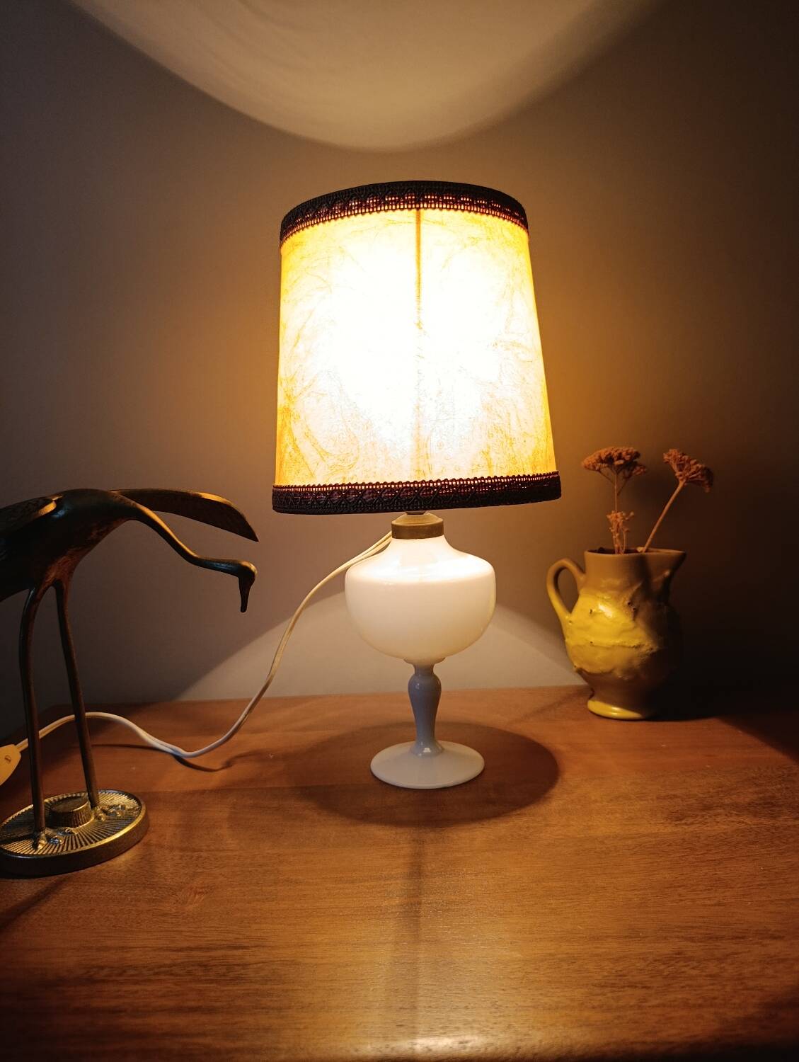 Retro white opaline table lamp, pigskin shade, 1950.