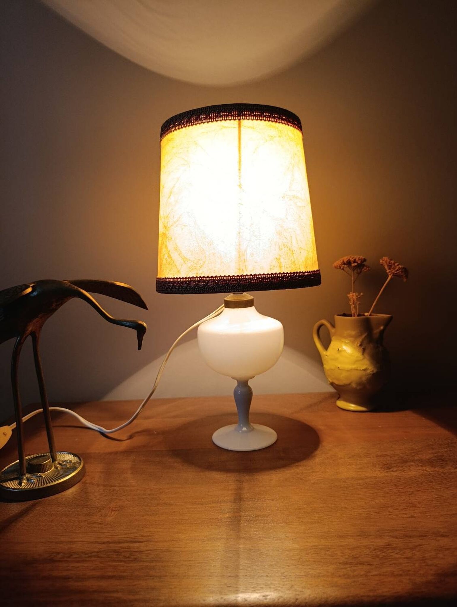 Retro white opaline table lamp, pigskin shade, 1950.