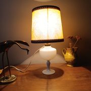 Retro white opaline table lamp, pigskin shade, 1950.