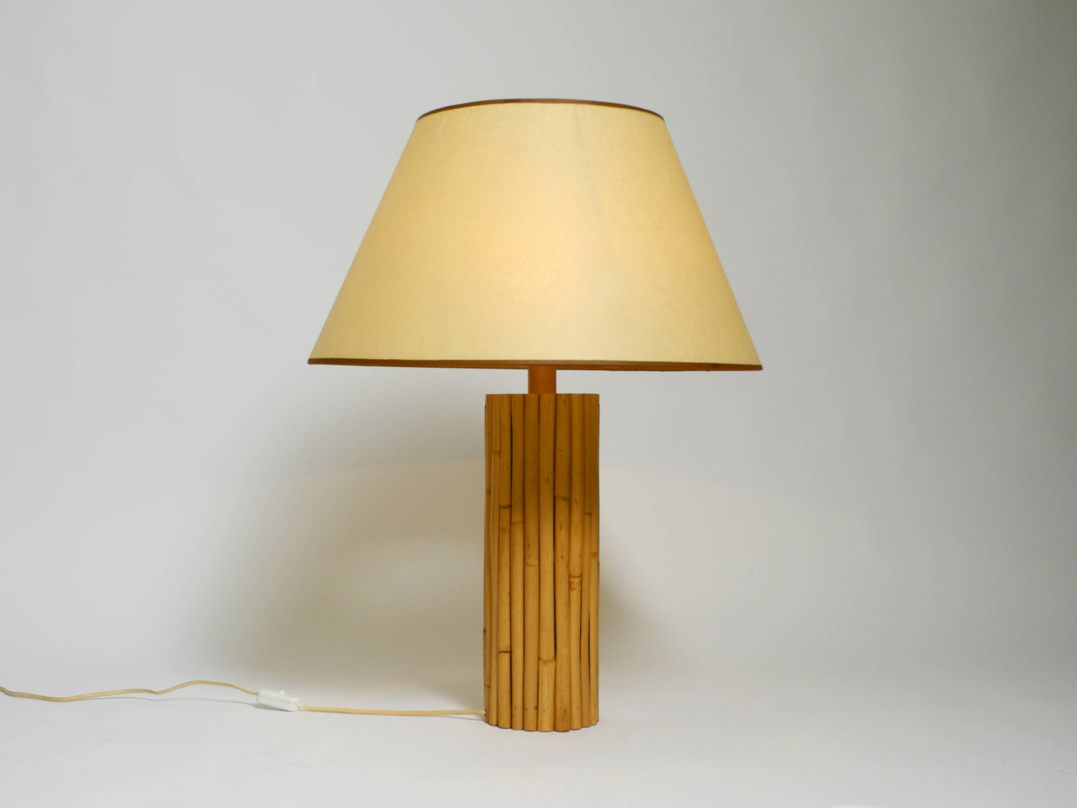Large 1970s Italian bamboo table lamp with large oiled paper shad