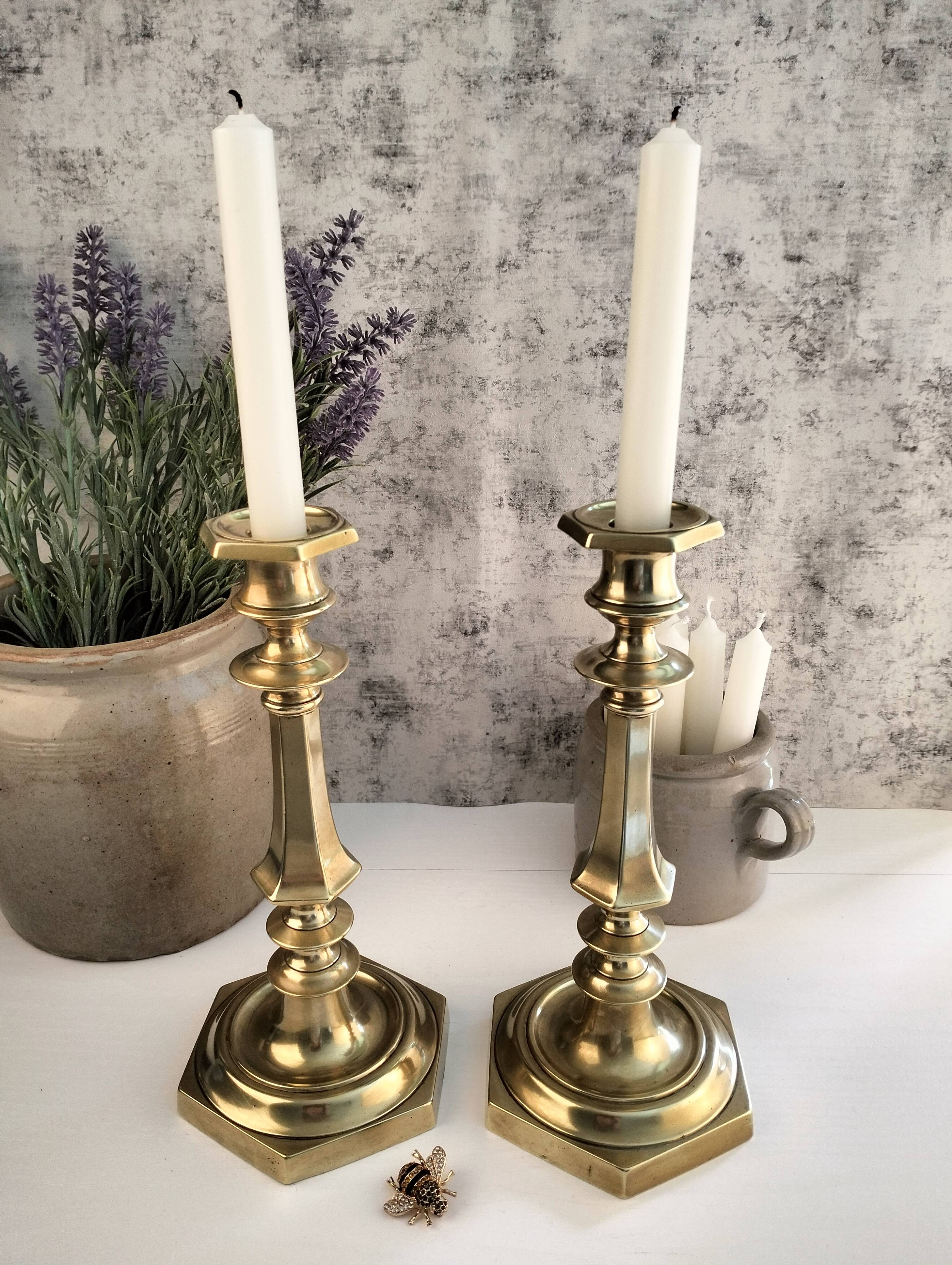 Charming Pair of Victorian Brass Candlesticks with Octagonal Bases - Matching Antique Candle Holders