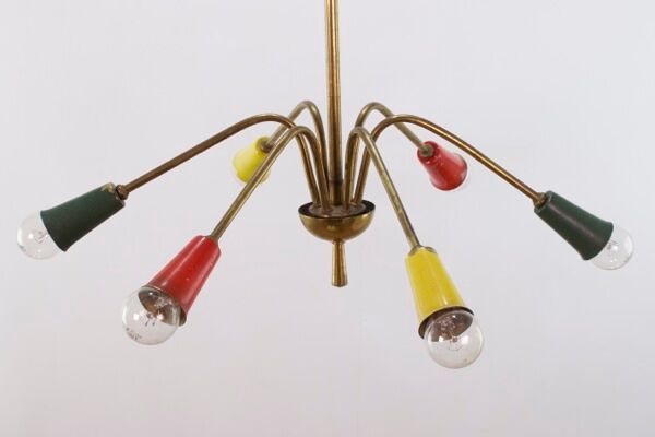Lustre vintage 1950 6 bras laiton et couleurs 60cm de diamètre
