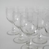 Set of 9 old wine glasses engraved in blown glass, early 20th century