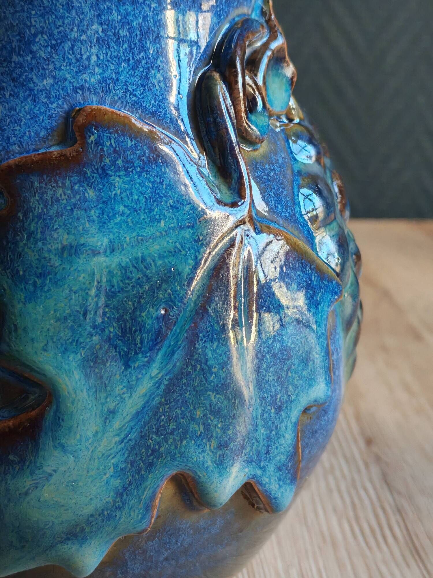 Vintage Blue Stoneware Jug with Grape Cluster Pattern, Ceramic Vase