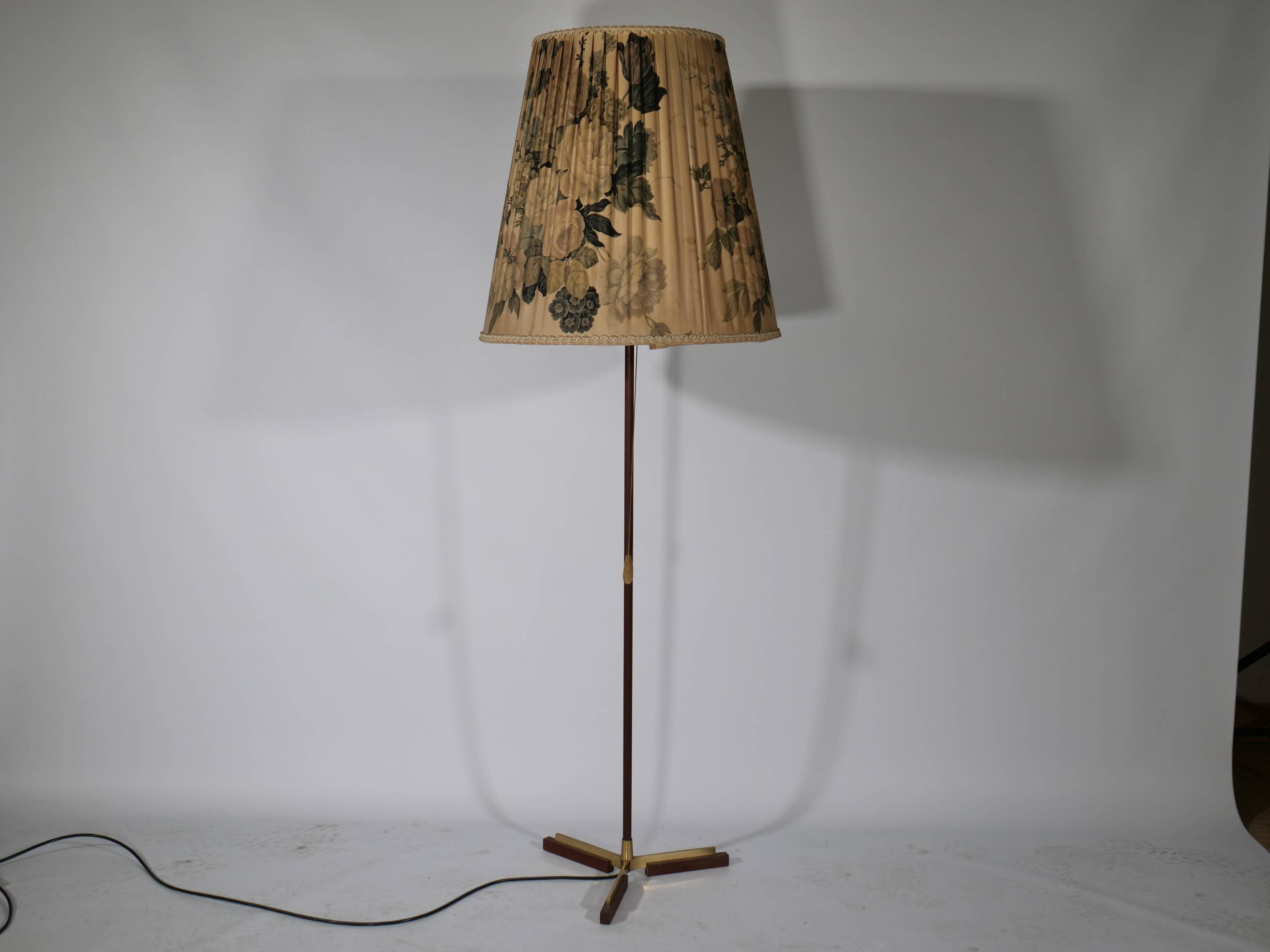 Teak Tripod Micheline Floor Lamp from Brass by JT Kalmar for Kalmar, 1950s