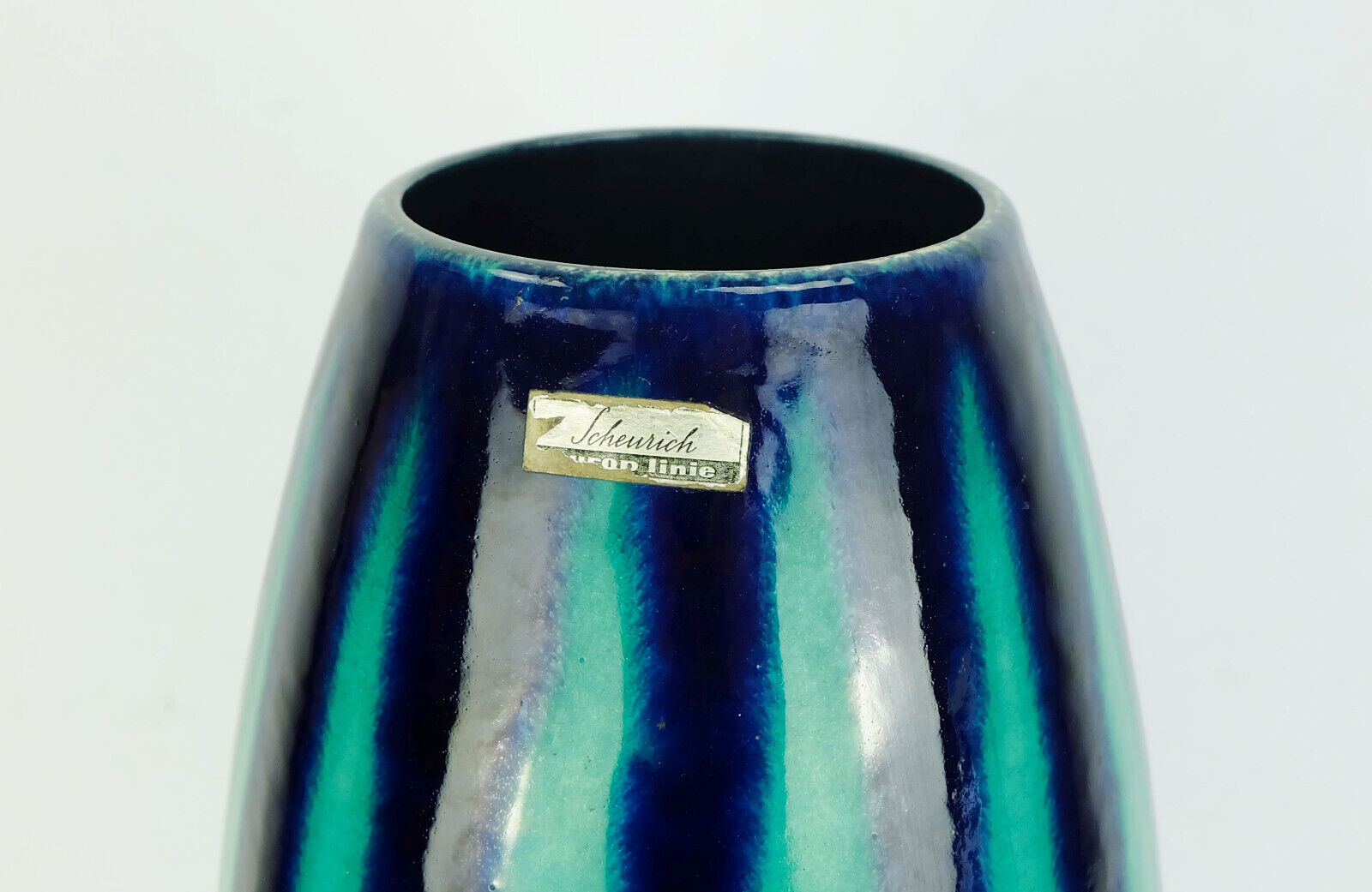 Scheurich europ-line mid century vase model 248-38 with stripe pattern in blue and emerald green