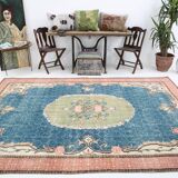 Tapis turc vintage fait main bleu et vert 7x10, 211x320 cm SK4996