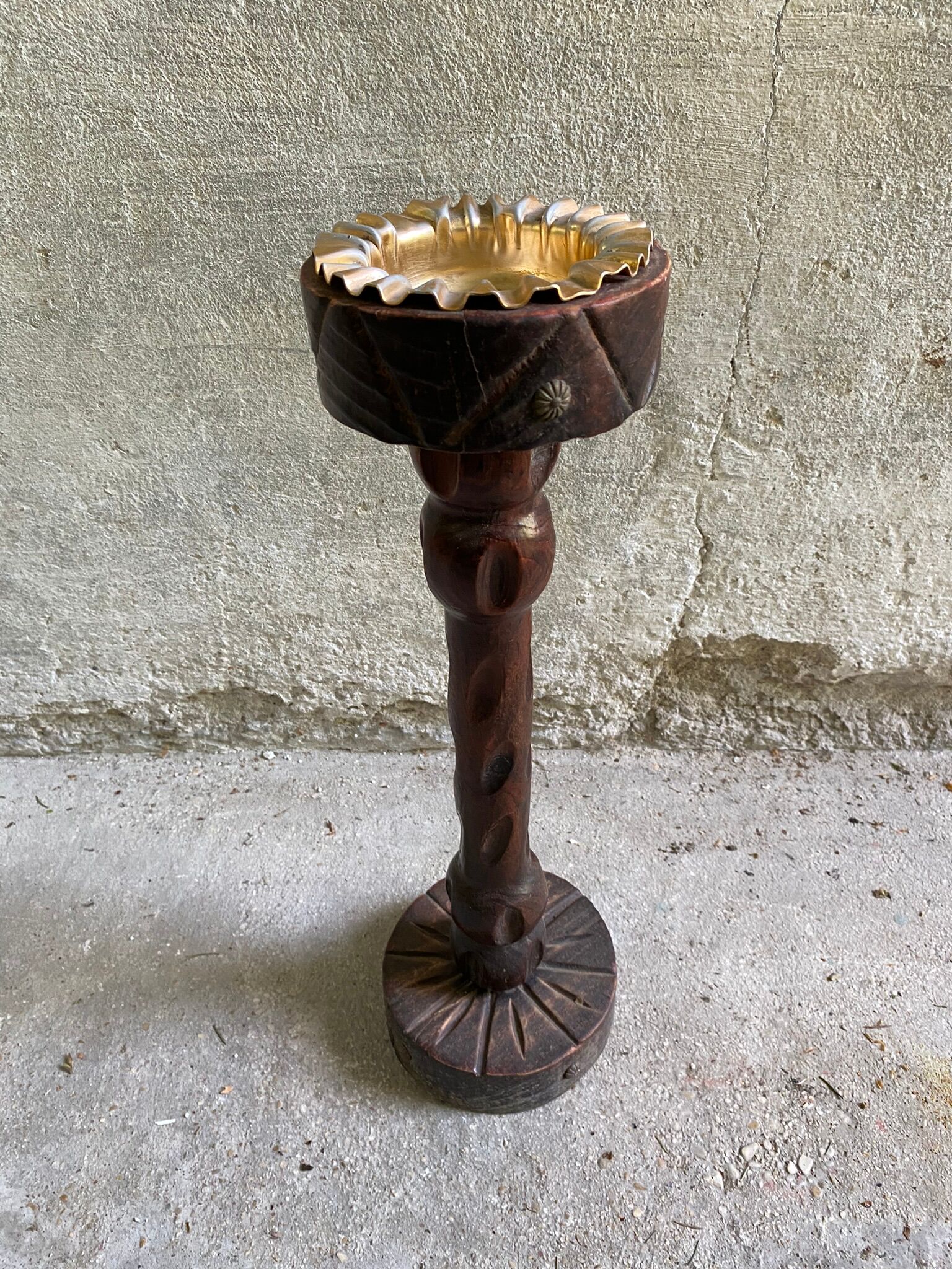 Rustic ashtray carved wood on vintage stand
