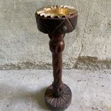 Rustic ashtray carved wood on vintage stand
