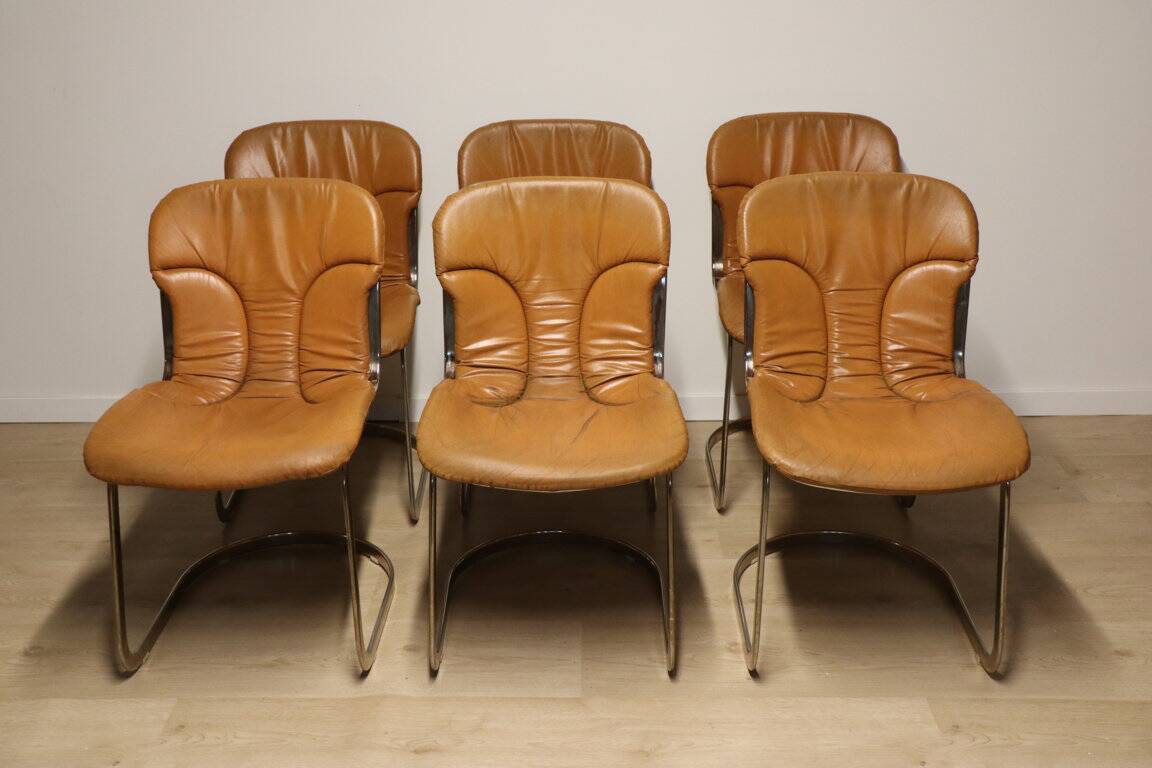 Series of 6 vintage Cidue Italy chairs in leather and metal, 1970s