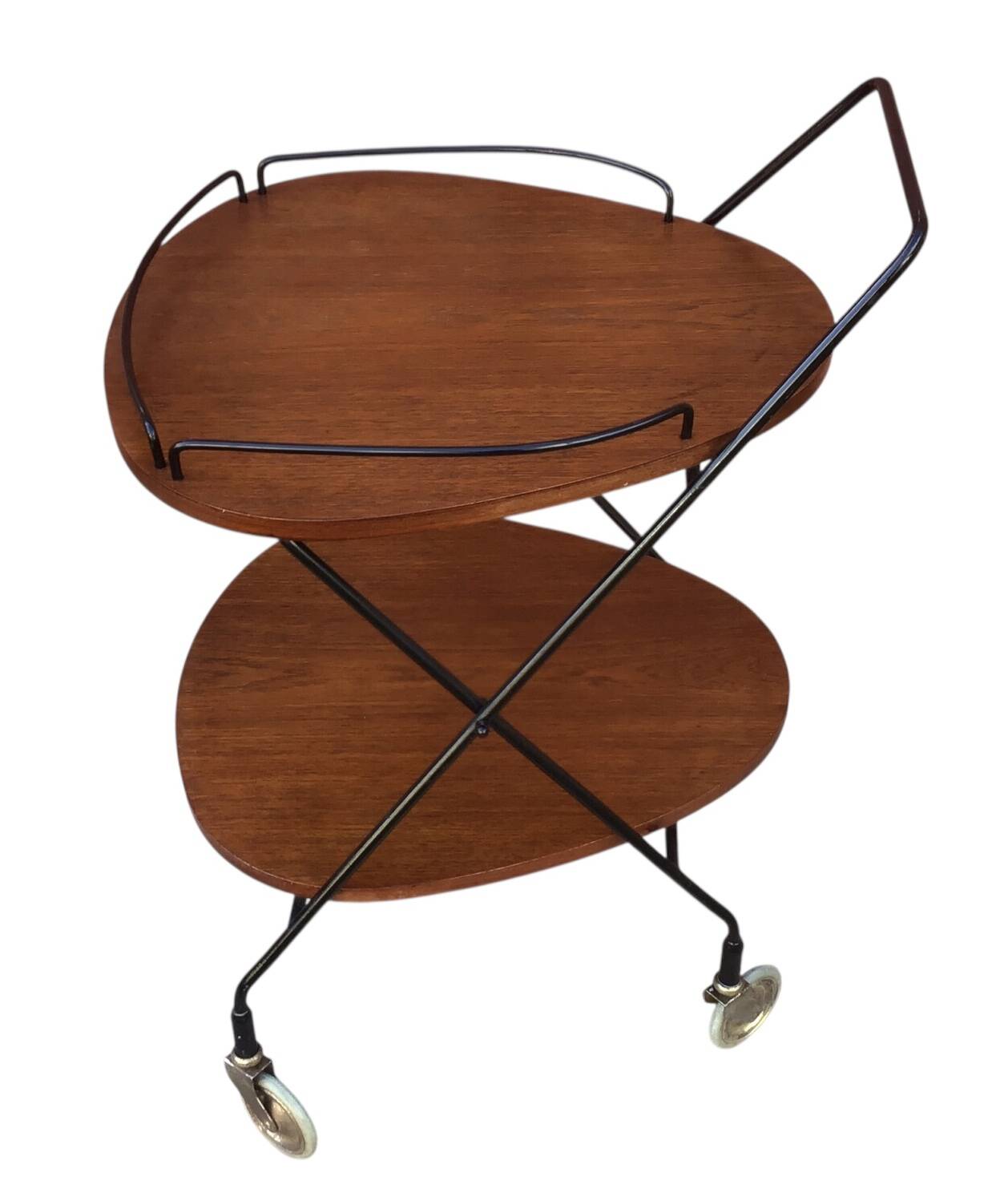 Vintage Scandinavian serving trolley in teak and metal, metal wheels, 1960s