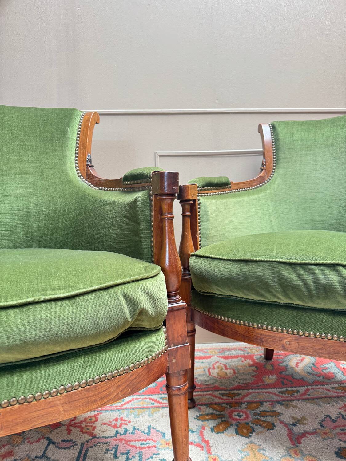 Pair of mahogany cabriolet bergère armchairs from the 18th-century Directoire period.