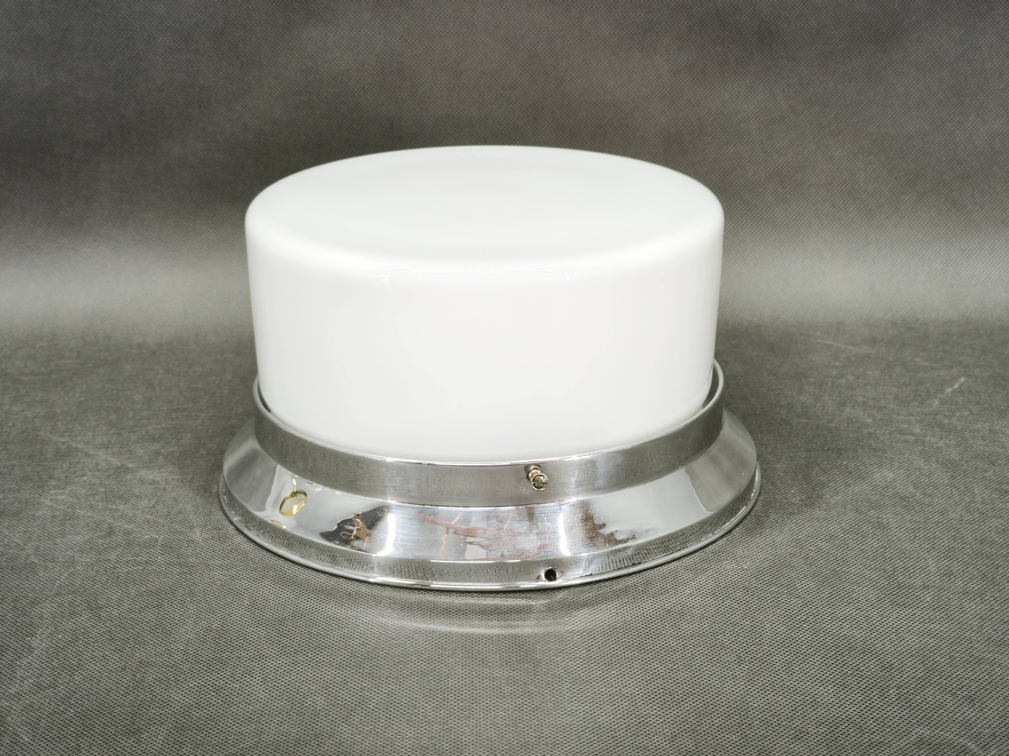 1930s Bauhaus Chrome and Opaline Glass Ceiling Light, Czechoslovakia