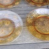 Set of six flat plates - vintage amber glass from Veréco with flower decor - 60s/70s