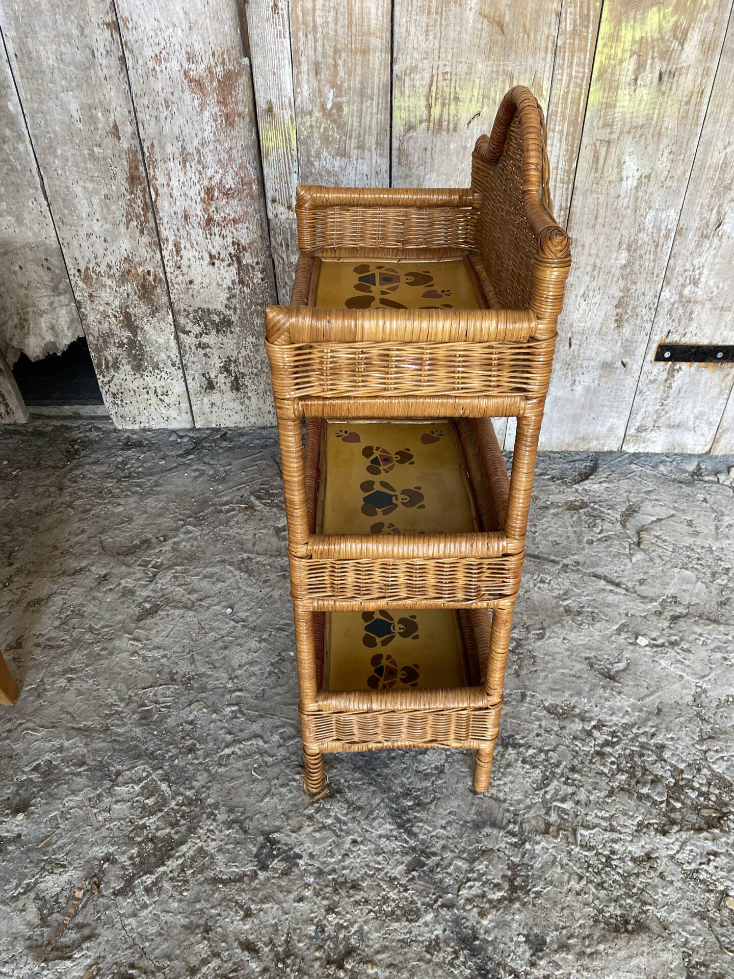Vintage 1960s Painted Rattan Shelf with 3 Tiers