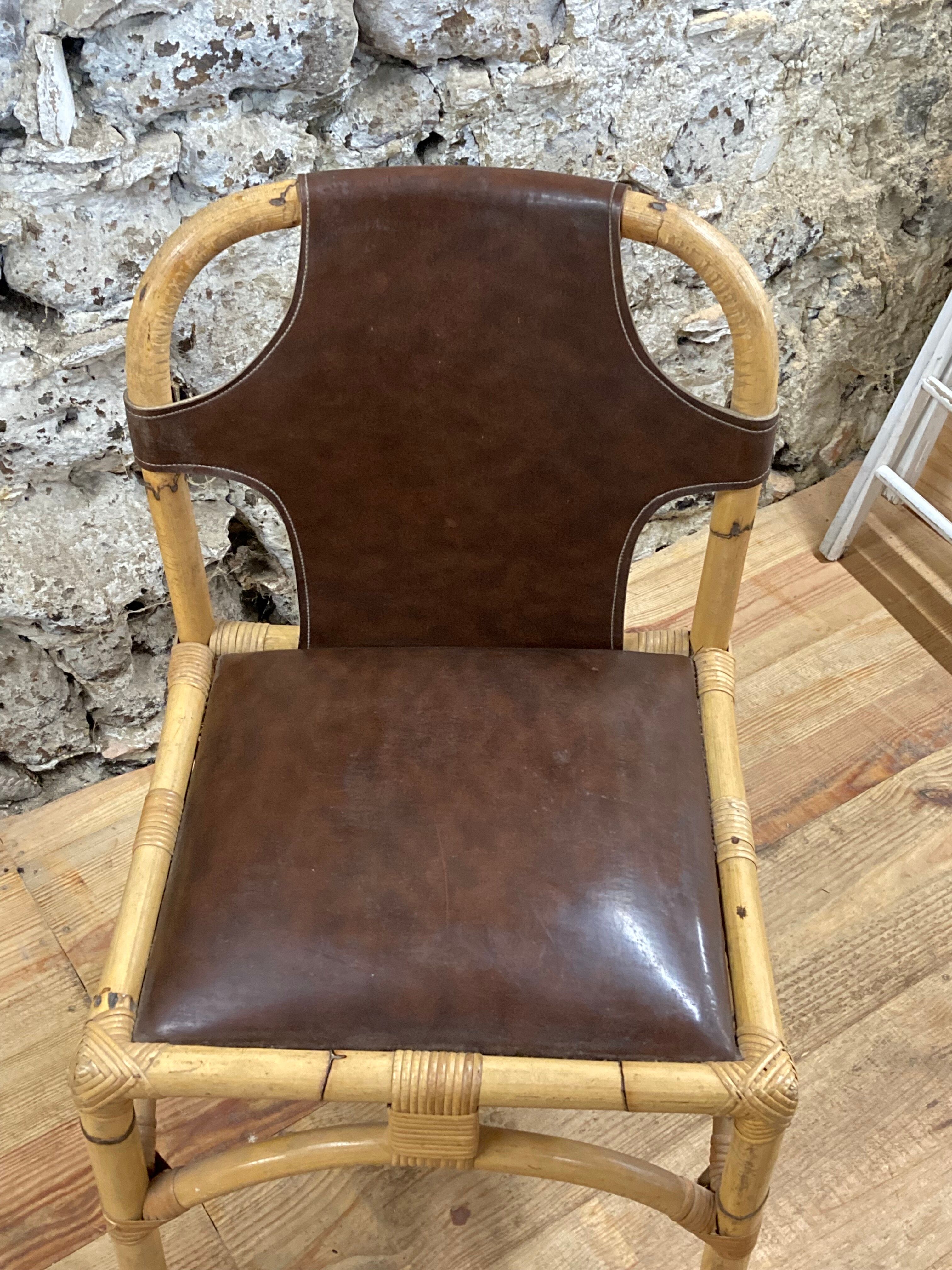 Vintage chair in rattan and bamboo and brown leather