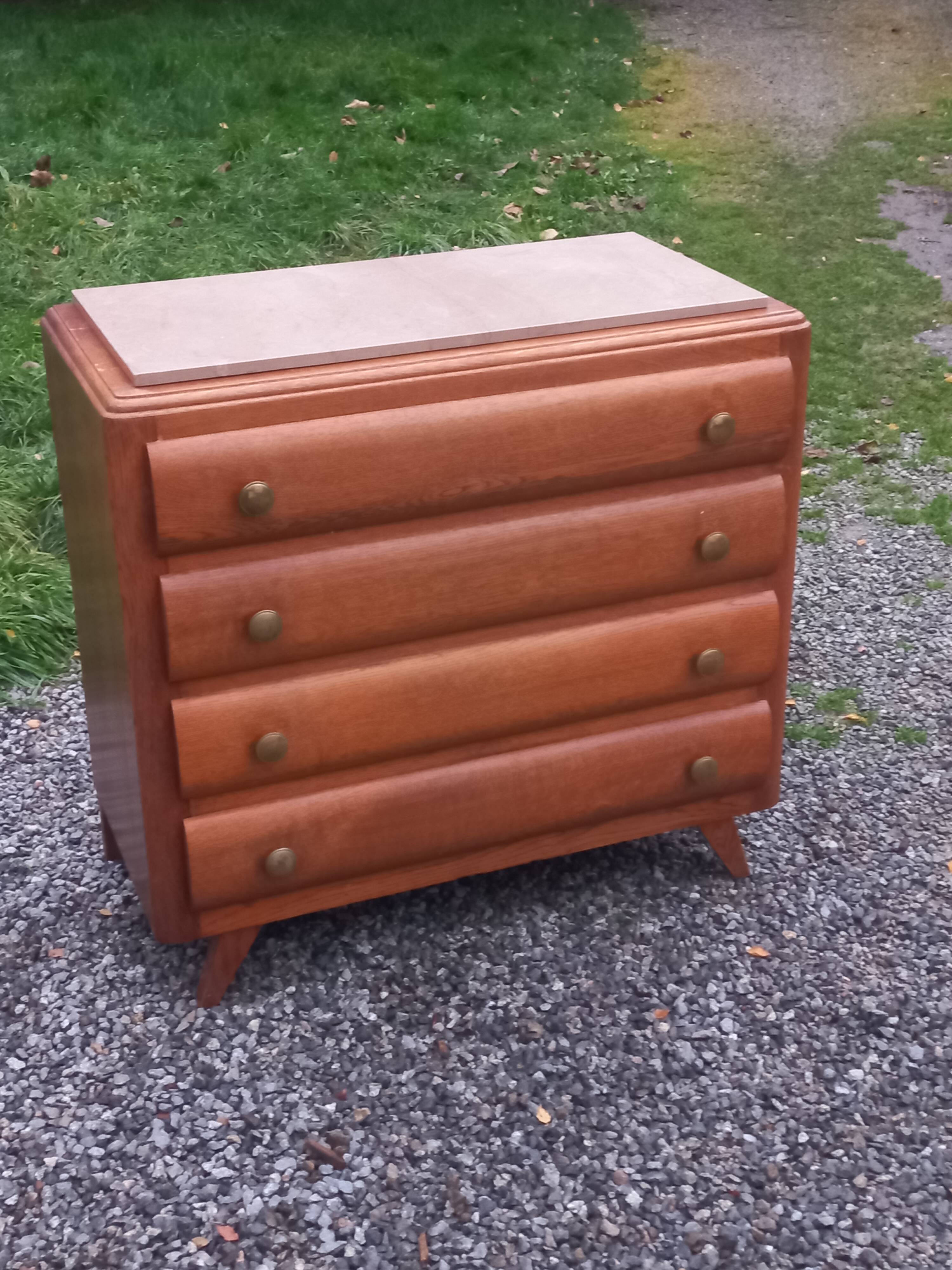 Commode en chêne pieds compas 4 tiroirs, 1950