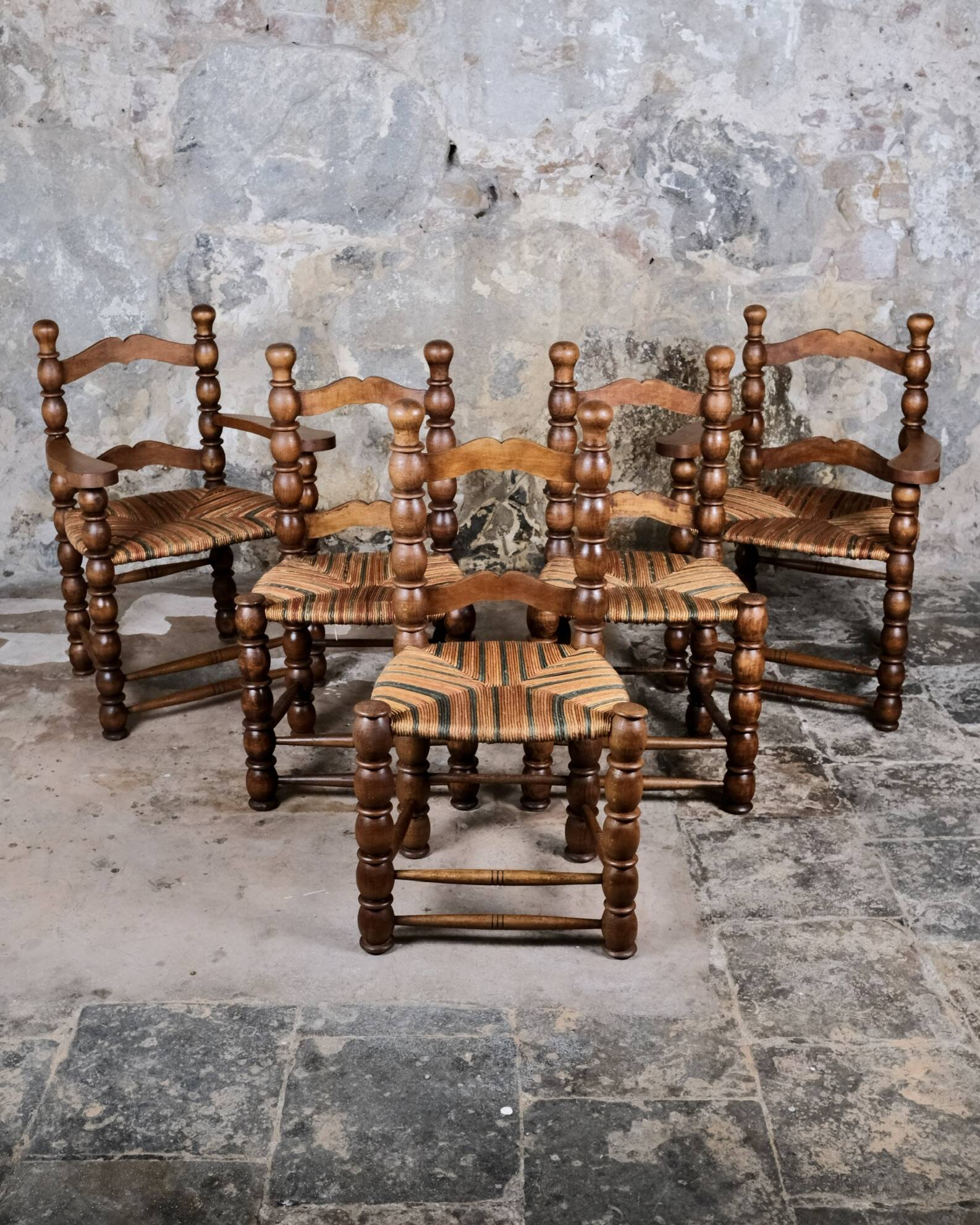 Pair of turned wooden spool armchairs, mid-20th century, France