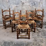 Pair of turned wooden spool armchairs, mid-20th century, France