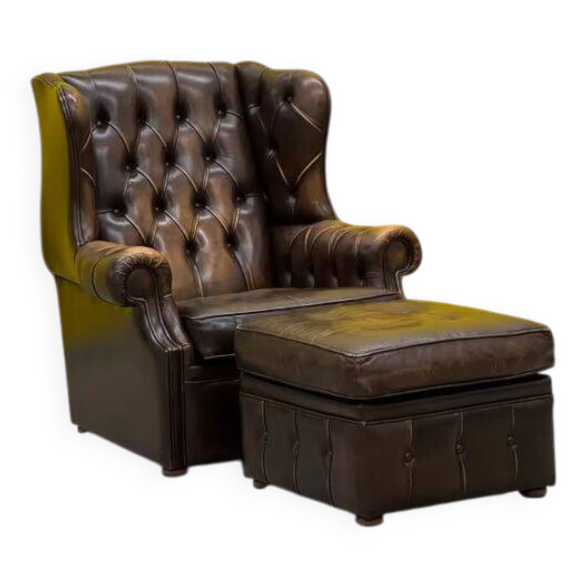 Brown leather chesterfield wing chair with Ottoman