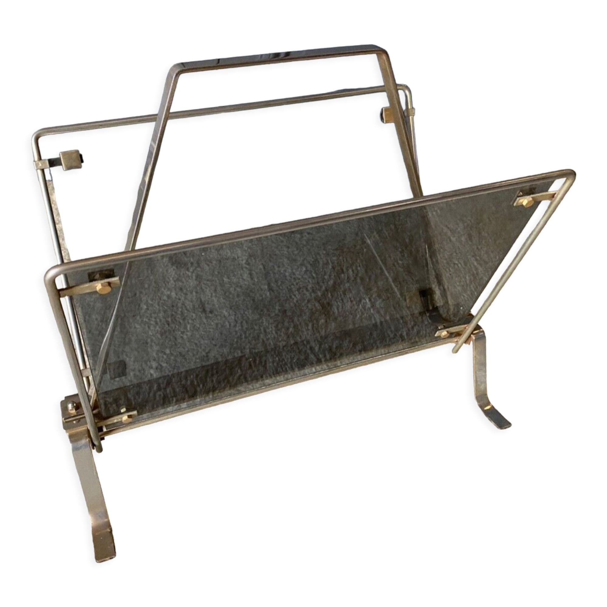 Foldable magazine holder in smoked glass and metal chrome dore 1970