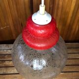 Ancienne suspension verre craquelé transparent & rouge années 70 vintage #a548
