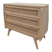 Vintage oak and rattan chest of drawers