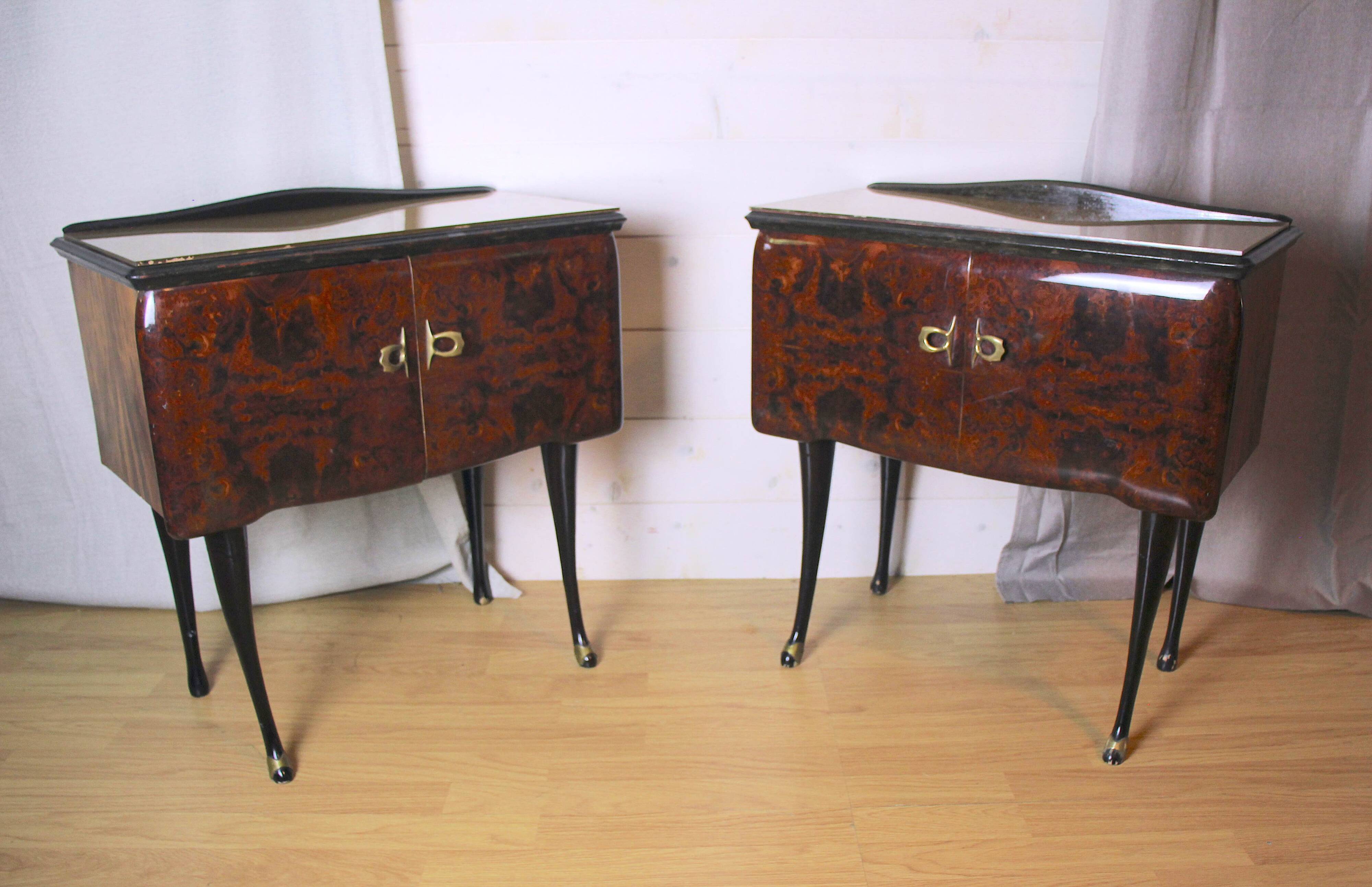 Pair of bedside tables, rosewood and burl walnut, Italy 1950