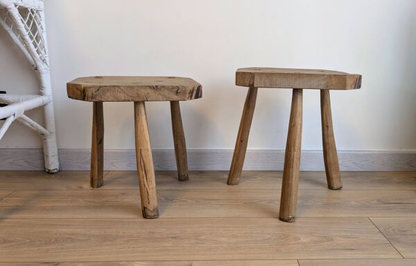 Paire de tabourets brutalistes anciens en bois massif