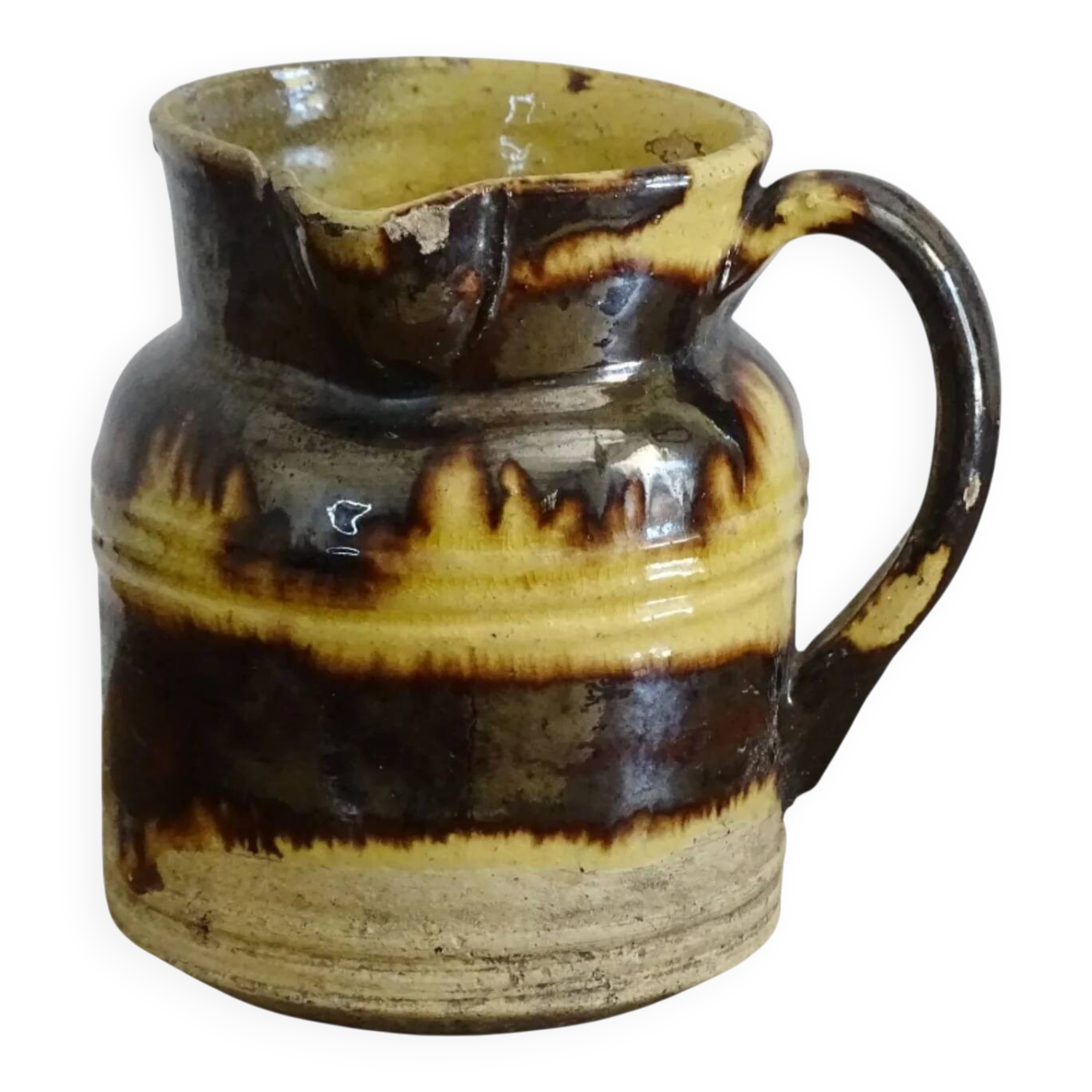 Cruche ancienne en céramique française de Dieulefit, à glace brune