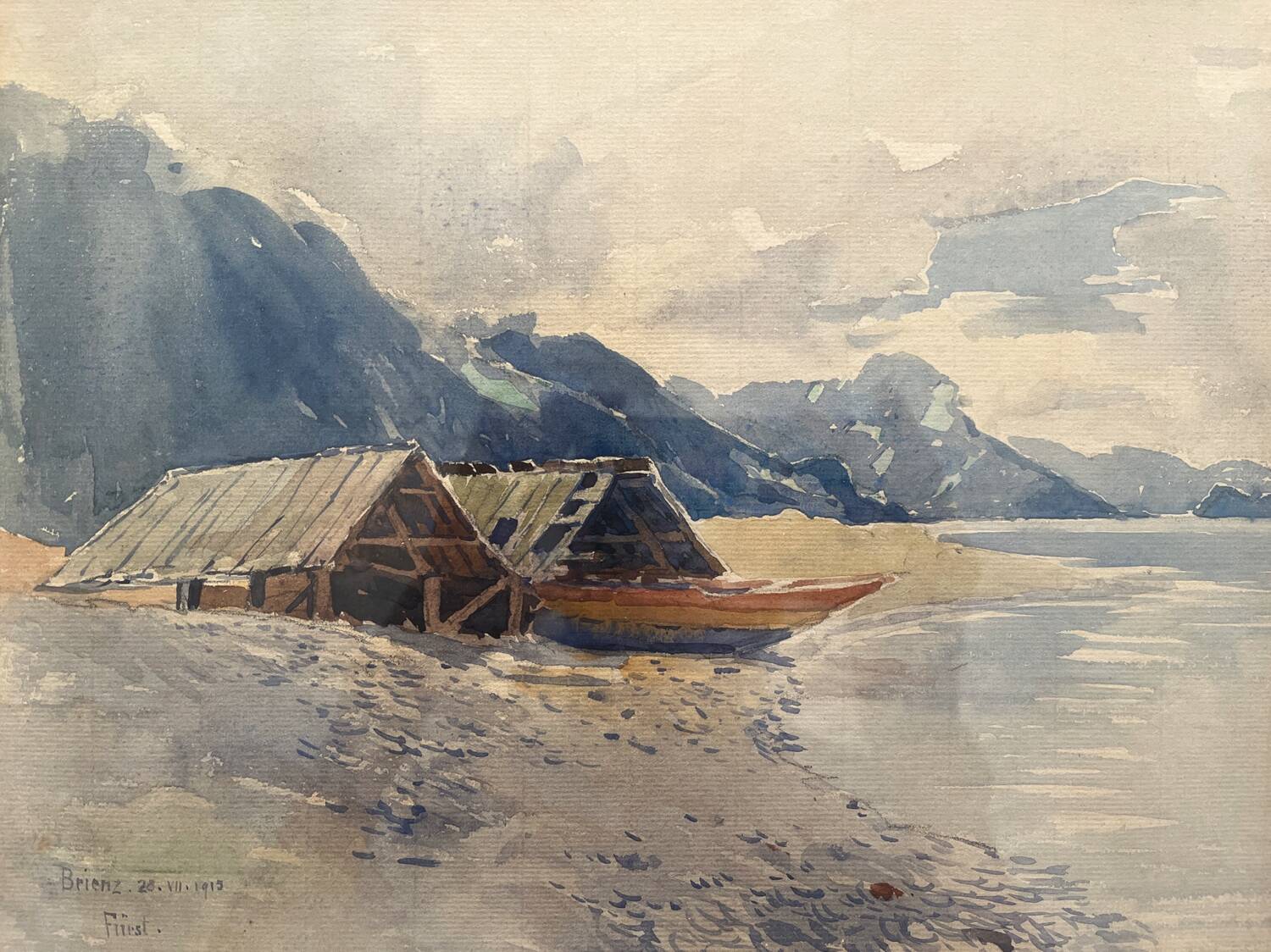 Antique watercolor Swiss landscape signed Fürst 1915