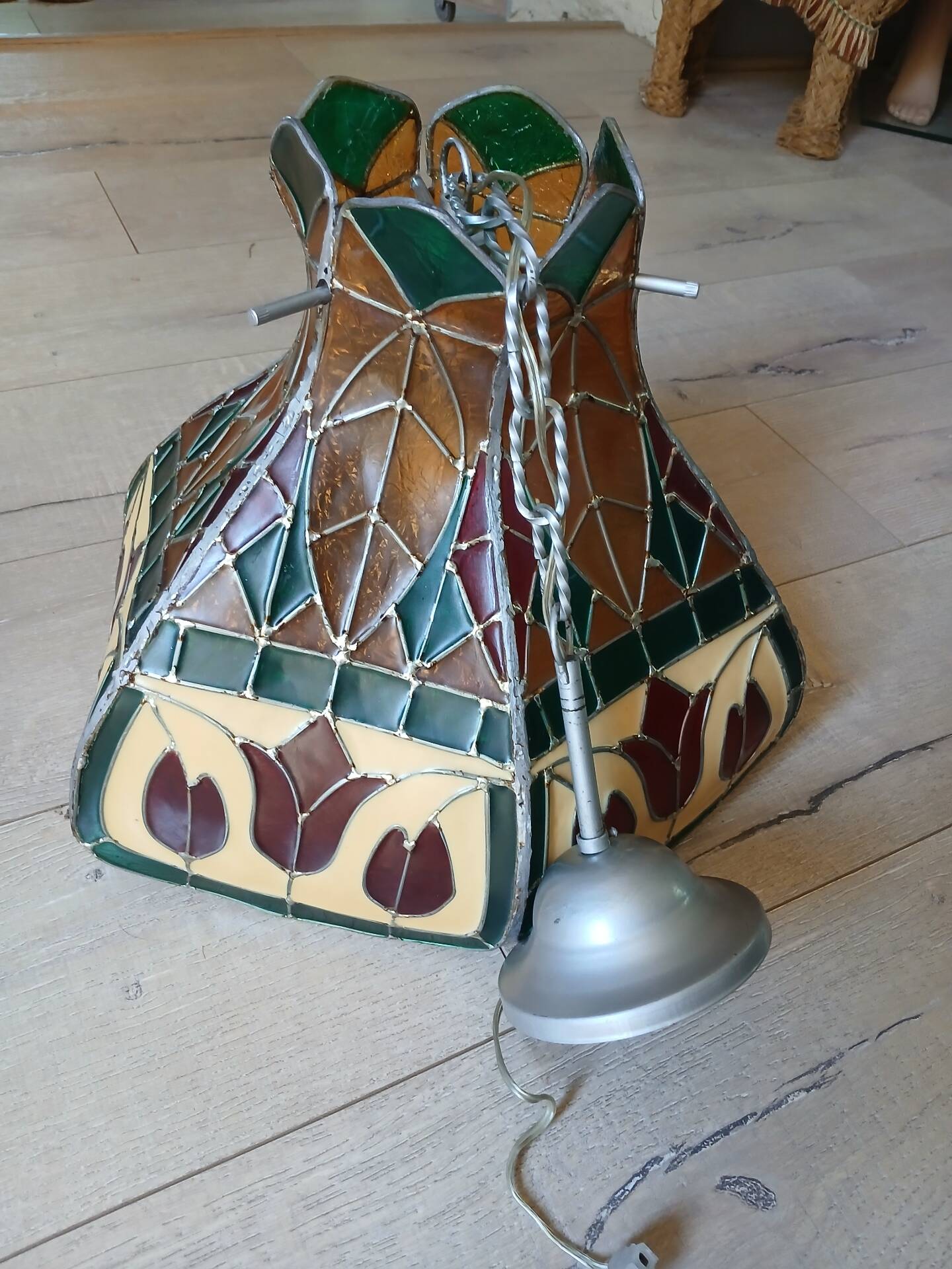 Vintage pendant light with multicoloured stained glass.