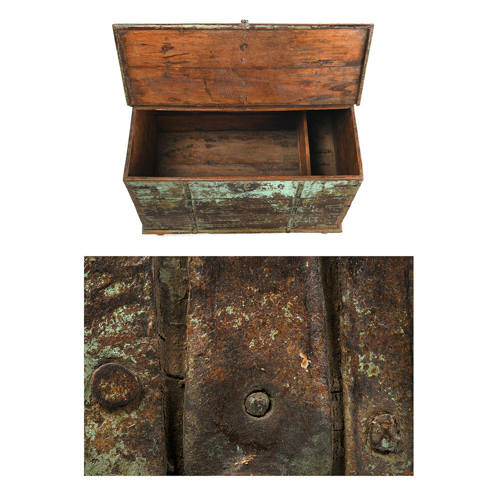 Wooden chest with green patina