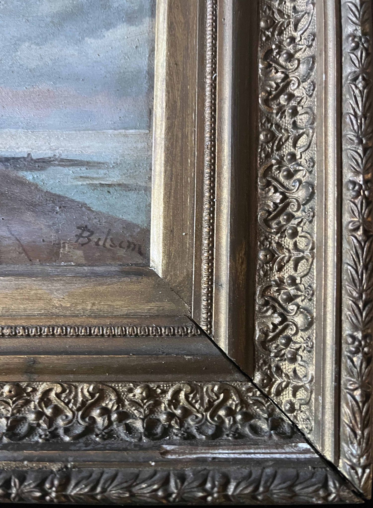HST painting "Bord de mar" Animated seascape with thatched cottage signed Bilson XIX° + frame