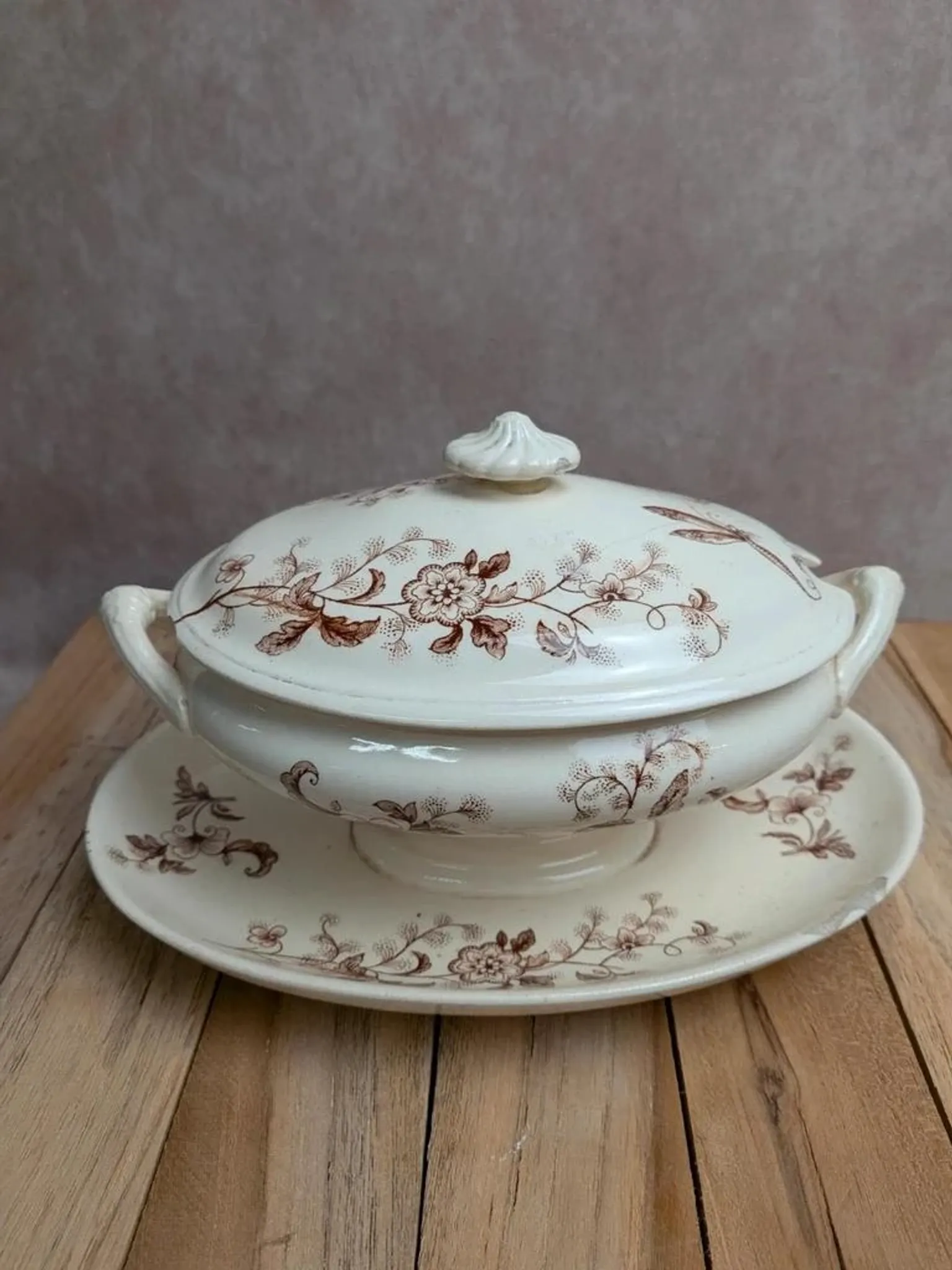 Antique sauce boat in ironstone from Salins – Sepia dragonfly decoration – With lid